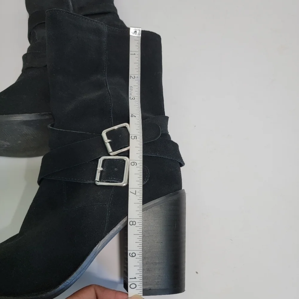 CHELSEA & VIOLET VICKI Black Suede Ankle Boots Sz 7M Buckle Side Zip Stack Heel